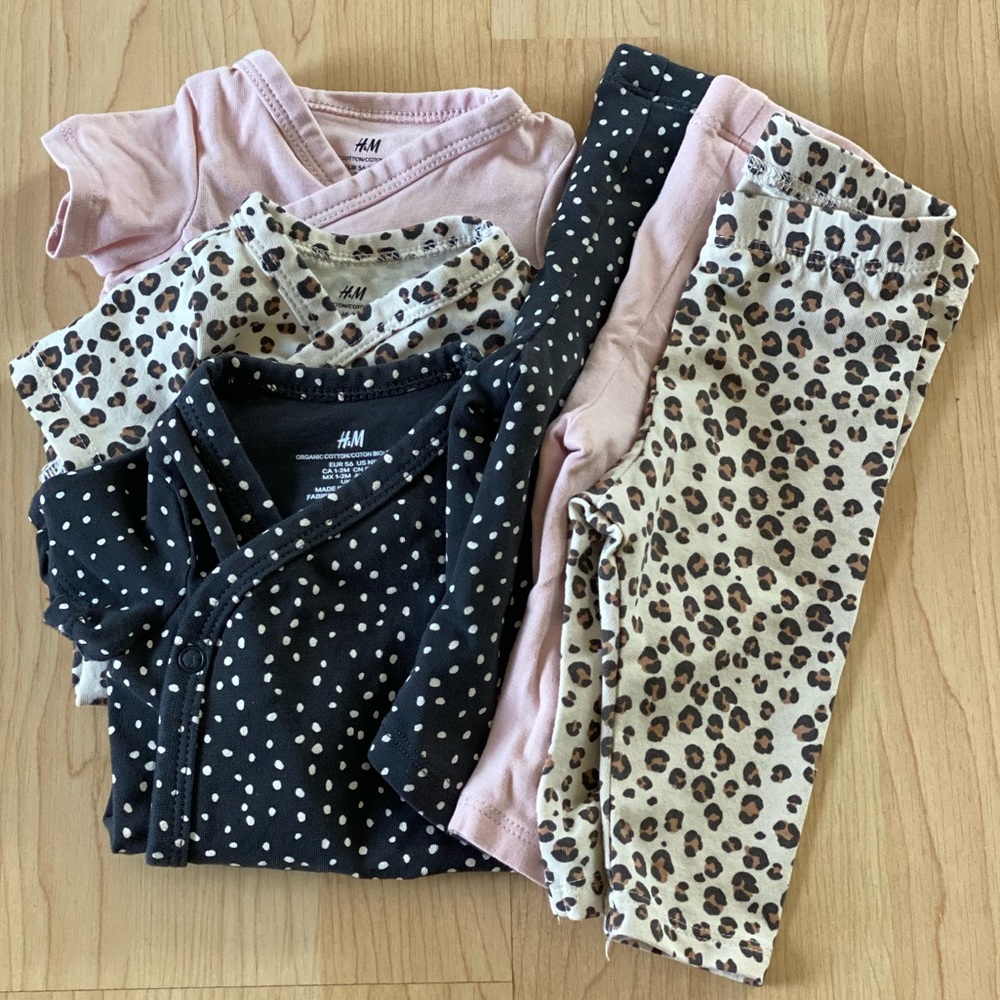 3 H&M newborn printed onesie with matching pants. Size 1-2 months.